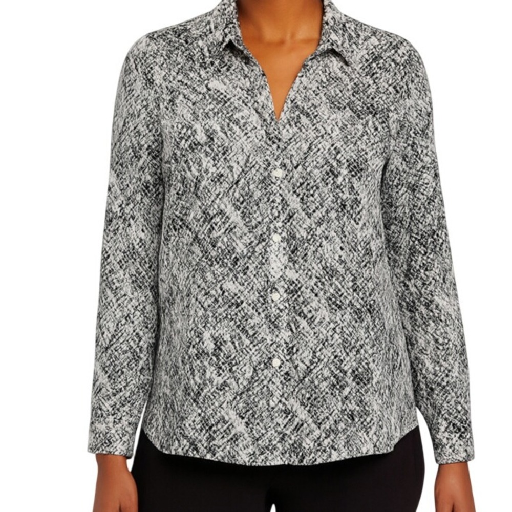 New York & Company Women's Blouse XL Button Front Abstract Black White Print